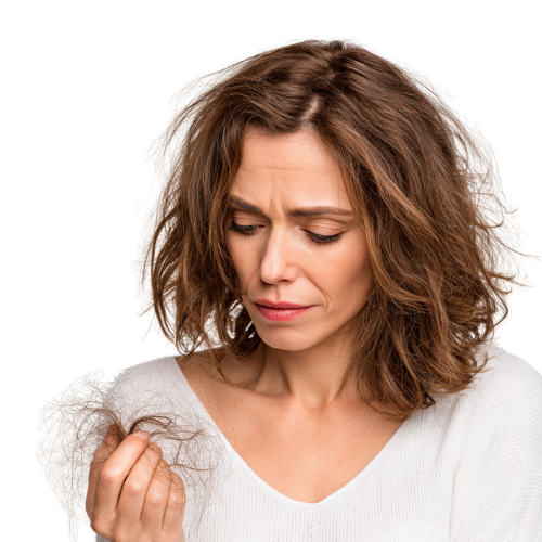 Bild einer Frau mit Haarausfall, die ein Büschel Haare in der Hand hält.