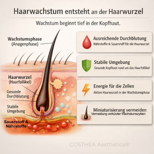 Grafische Darstellung der Haarwurzel (Haarfollikel) in der Kopfhaut mit Erklärung der Faktoren für Haarwachstum: Durchblutung, stabile Kopfhautumgebung, Zellenergie und Haarwachstumsphase (Anagenphase).